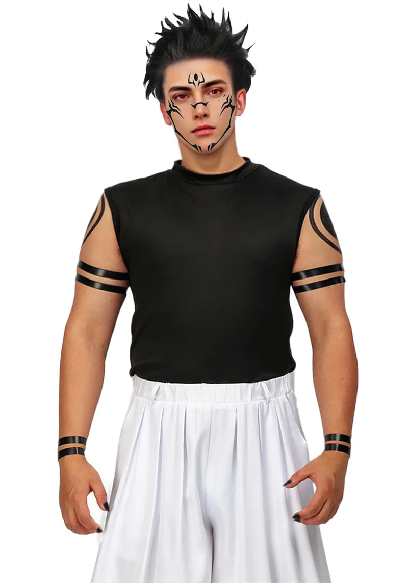 DAZCOS Ryomen Sukuna Costume White Kung Fu Suit with Tattoo Stickers Ryomen Sukuna as Megumi Showdown Cosplay Costume Full Set
