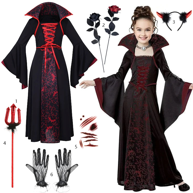 Kids Halloween Cosplay Vampire Costume Girl Black Tutu Dress Carnival Costumes for Kids Gothic Horror Clothes Halloween Gifts