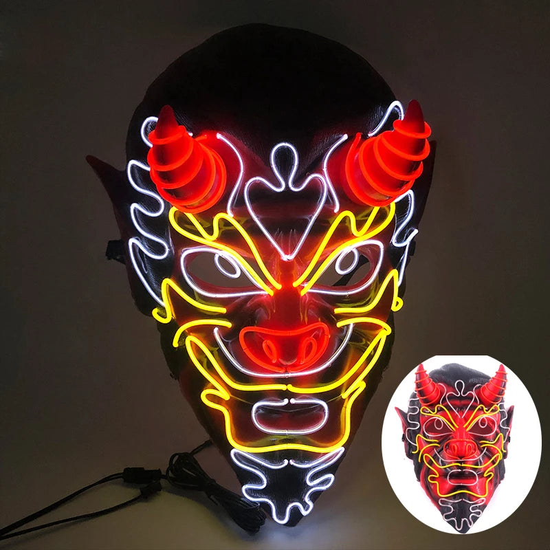 Light Up Japanese Oni Devil Mask LED Luminous Prajna Horror Mask Full Face Halloween Bar Party Props Neon Glowing Demon Mask