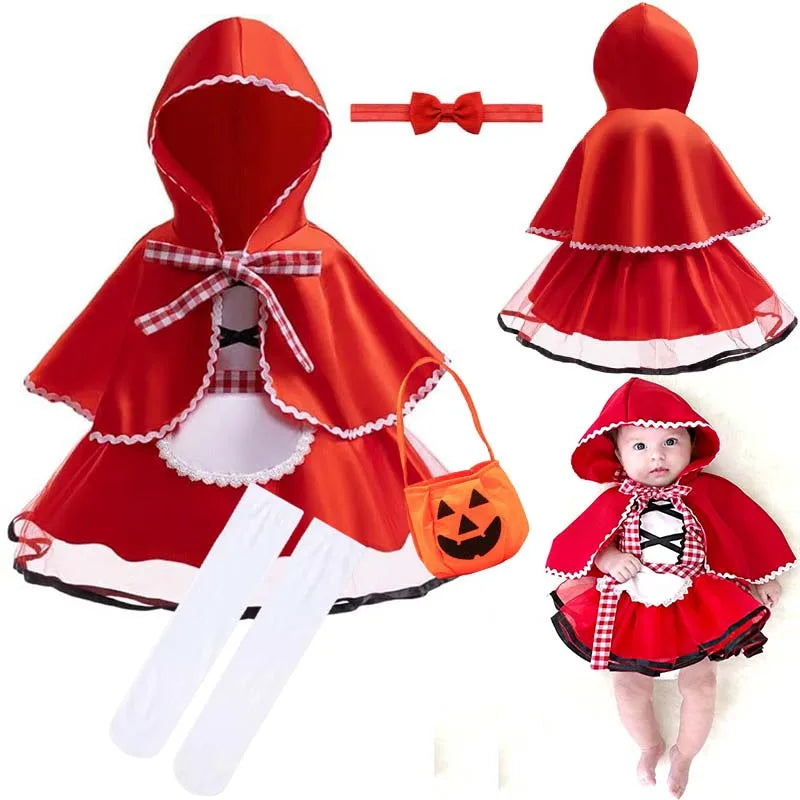 Baby Girls Cosplay Little Red Riding Hood Halloween Costume With Cape Dress up Halloween Red Princess Cloak Performance Dress