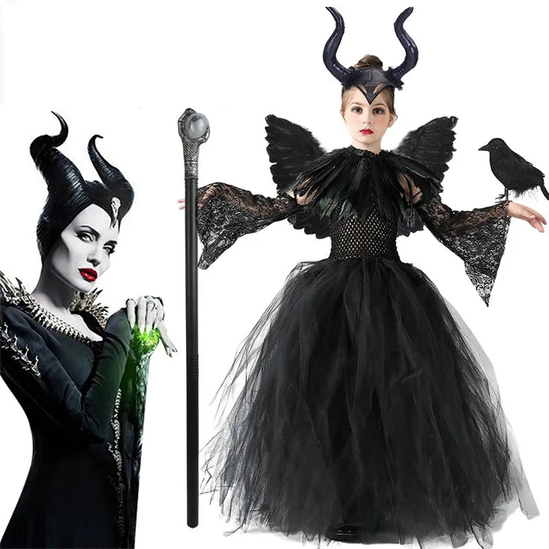Maleficent Costume for Girls Role Play Evil Queen Gothic Villain Maleficent Princess Dress Sleeve Shawl Kids Halloween Apparel