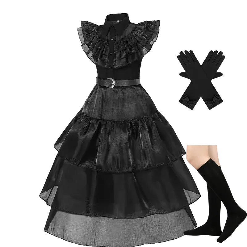 Girls Wednesdays Halloween Cosplay Costume Adams Black Gothic Family Clothes Costume Kids Carnival Fancy Dress Up