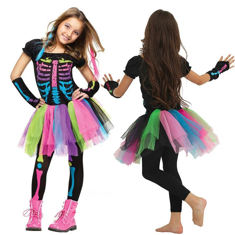 Halloween Rainbow Skeleton Girl Dress Colorful Skull Boy Costume Toddler Funky Punky Bone Cosplay Outfit Carnival Fancy Clothing
