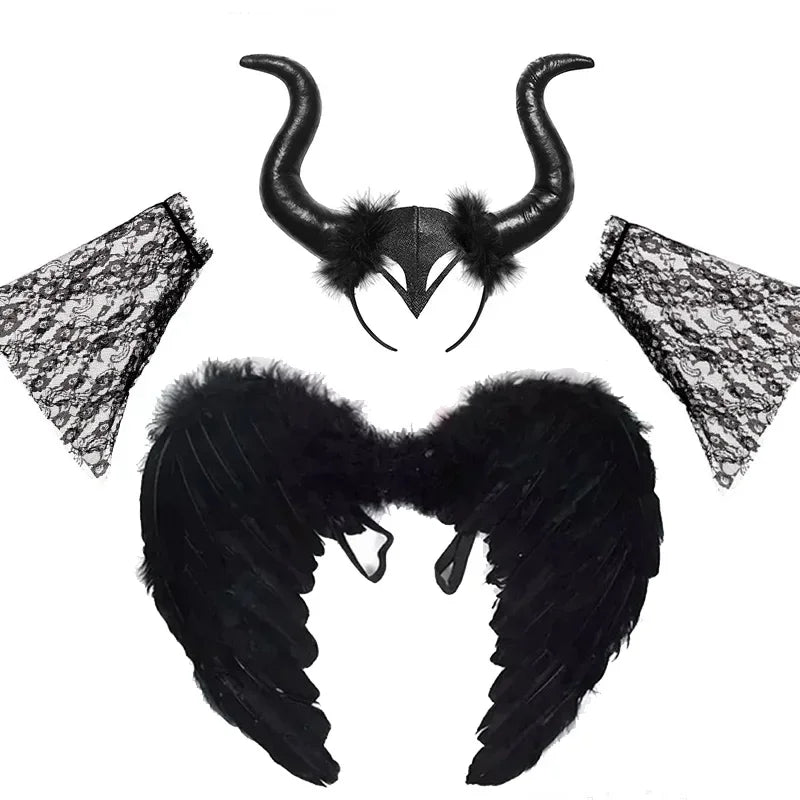 Halloween Maleficent Costume for Girls Cosplay Evil Queen Dress Up Costumes Witch Devil Black Mesh Princess Dress Wings Bird 12Y