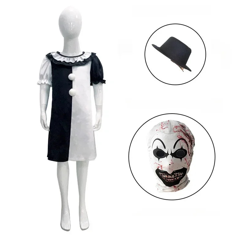 Terrifier Cosplay Costume Children Girls Boys Horror Carnival Party Dress Hat Mask Killer Clowns Jumpsuit for Halloween Costumes