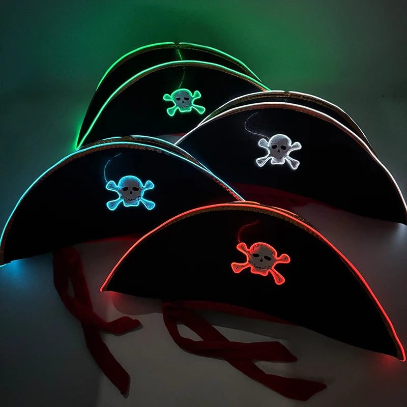 Newstyle Led Captain Hat Halloween Masquerade Pirate Theme Party Cosplay Captain Costumes Accessories Light Up Skull Pattern Hat