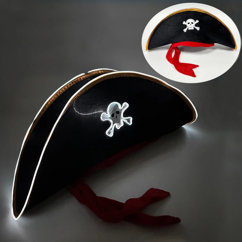 Newstyle Led Captain Hat Halloween Masquerade Pirate Theme Party Cosplay Captain Costumes Accessories Light Up Skull Pattern Hat