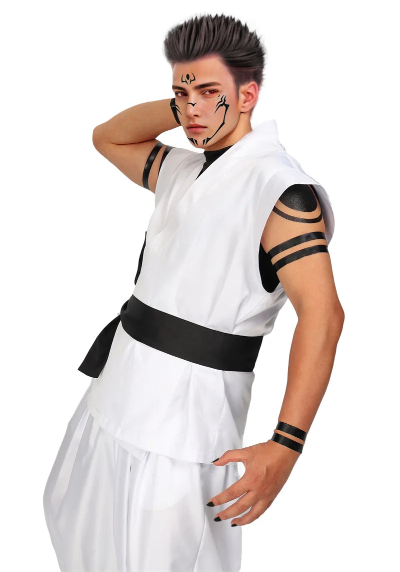 DAZCOS Ryomen Sukuna Costume White Kung Fu Suit with Tattoo Stickers Ryomen Sukuna as Megumi Showdown Cosplay Costume Full Set