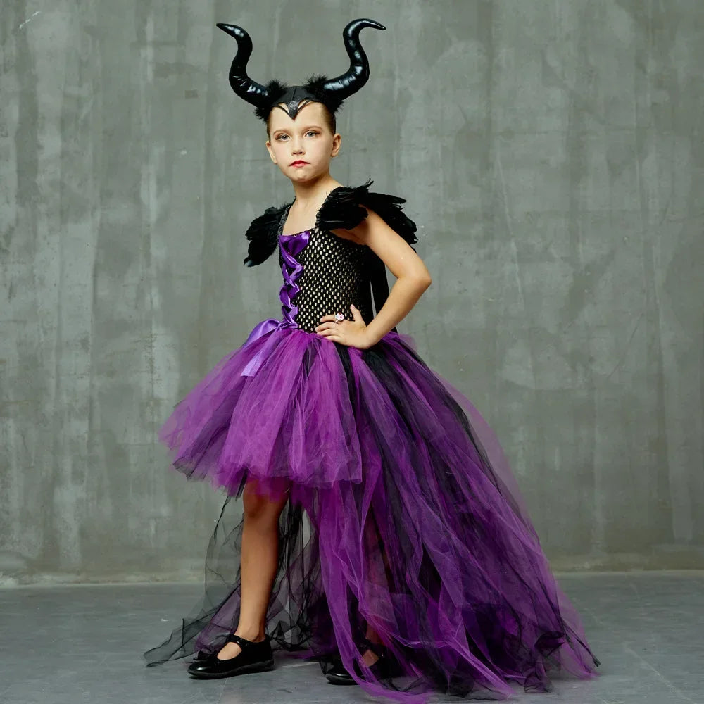 Maleficent Halloween For Children Costume Tulle Purple Black Dress Girls Cosplay Vestidos Party Evil Queen Mesh Princess Dresses