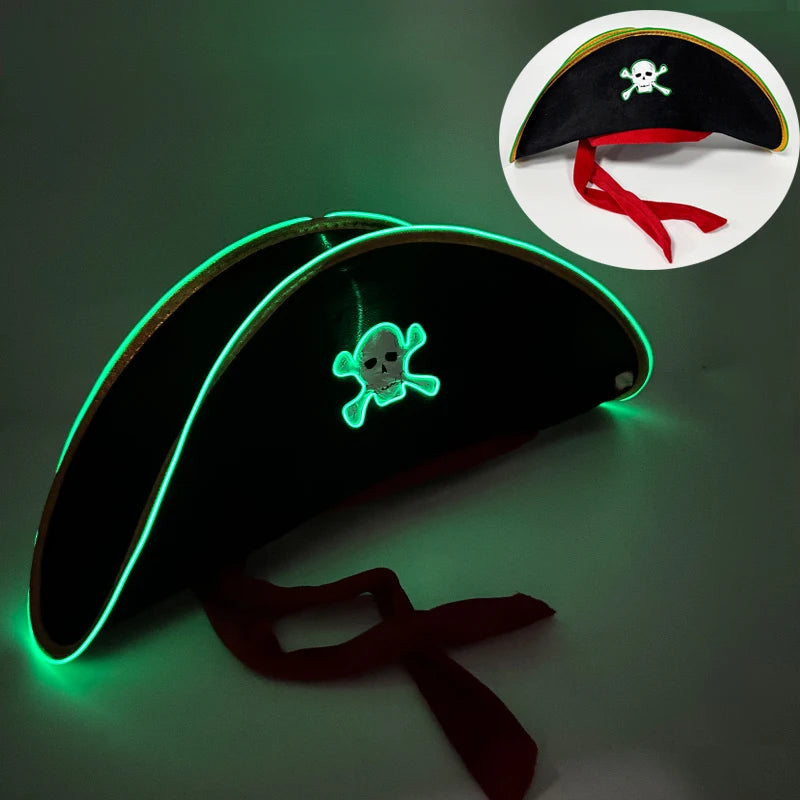 Newstyle Led Captain Hat Halloween Masquerade Pirate Theme Party Cosplay Captain Costumes Accessories Light Up Skull Pattern Hat