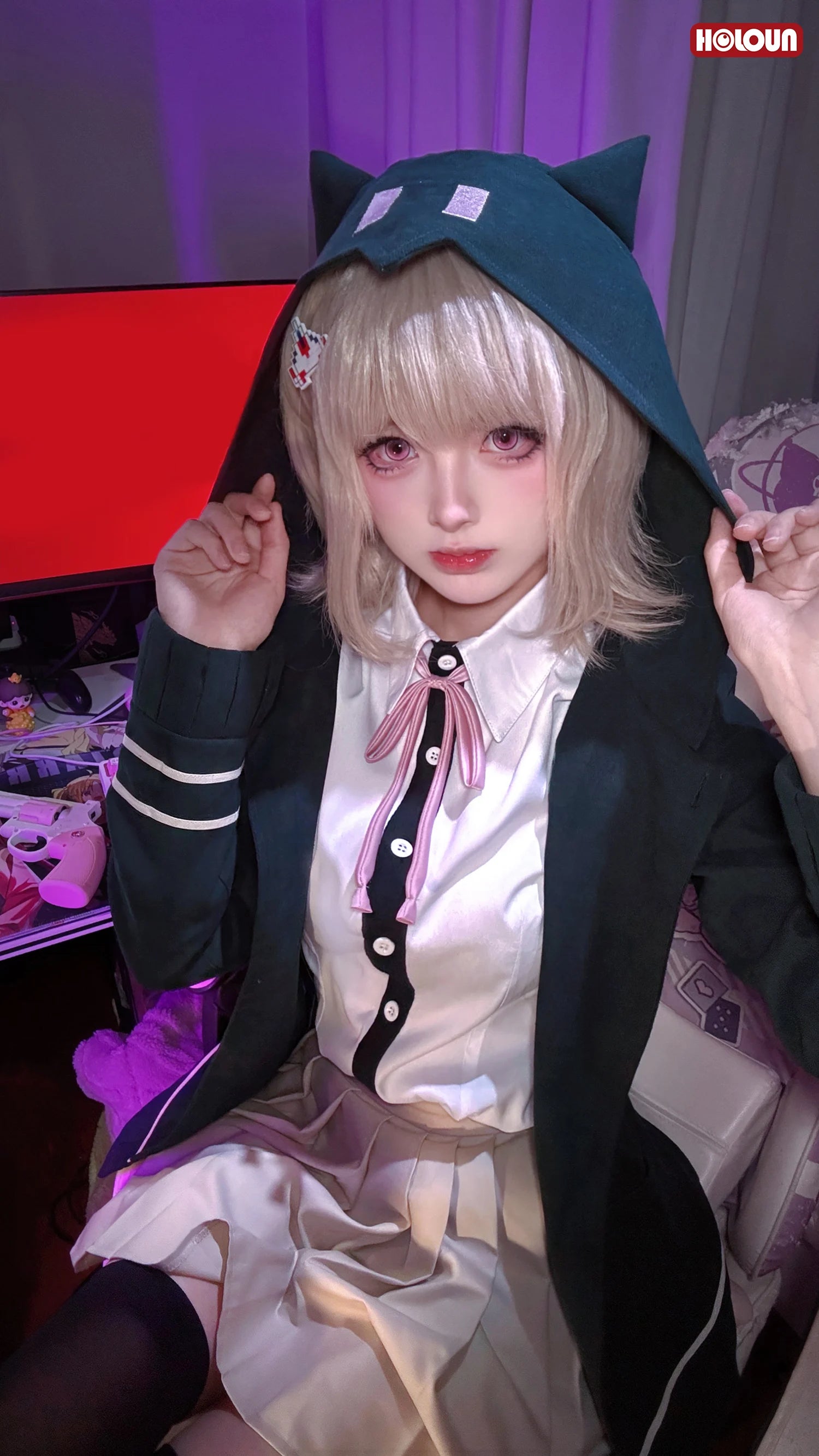 HOLOUN Danganronpa Game Trigger Happy Havoc Nanami ChiaKi Cosplay Costume Coat Shirt Skirt Hair Clip School Uniform Cos