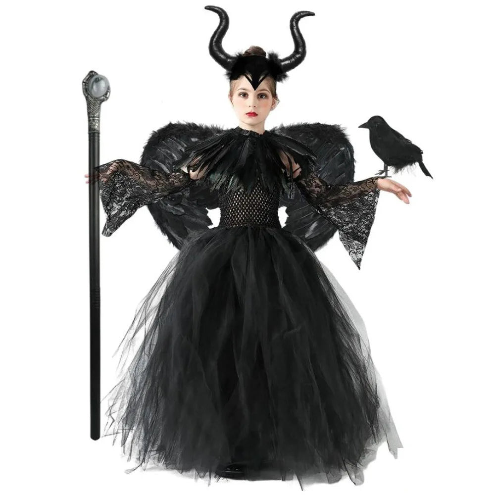 Maleficent Costume for Girls Role Play Evil Queen Gothic Villain Maleficent Princess Dress Sleeve Shawl Kids Halloween Apparel