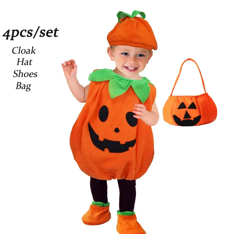 2025 Kids Halloween Party Costume Romper with Hat Shoes Toddler Pumpkin One-Piece Boy Girl Baby Jumpsuit Cosplay Clothing Set