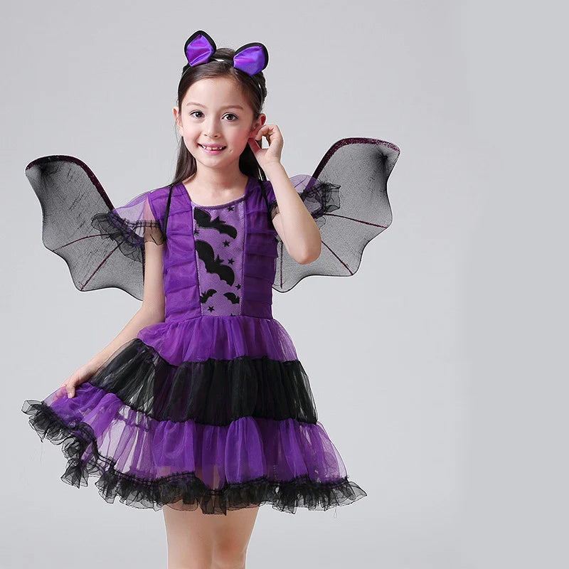 Halloween Witch Vampire Bat Baby Girls Costume Children Cosplay Princess Dresses Dress Up Carnival Party Clothing With Headband