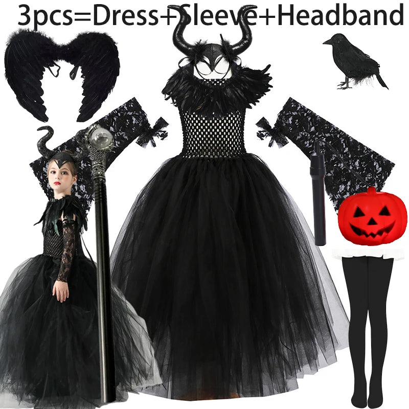 Maleficent Costume for Girls Role Play Evil Queen Gothic Villain Maleficent Princess Dress Sleeve Shawl Kids Halloween Apparel