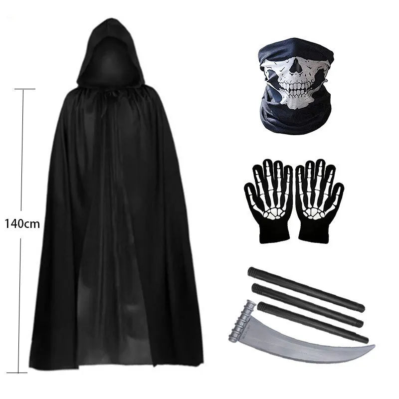 Halloween Grim Reaper black cape cloak set: children's and adult cos Grim Reaper scythe costumes and props