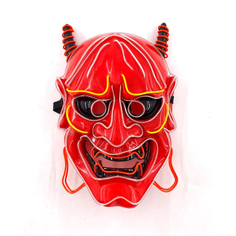 Light Up Japanese Oni Devil Mask LED Luminous Prajna Horror Mask Full Face Halloween Bar Party Props Neon Glowing Demon Mask