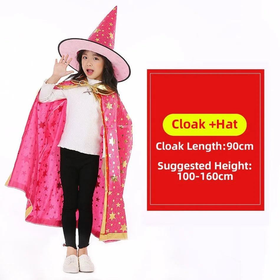 Children Cloak with Witch Hat Boys Girls Cosplay Costume Teens Black Purple Red Carnival Photography Props Kids Christmas Cape