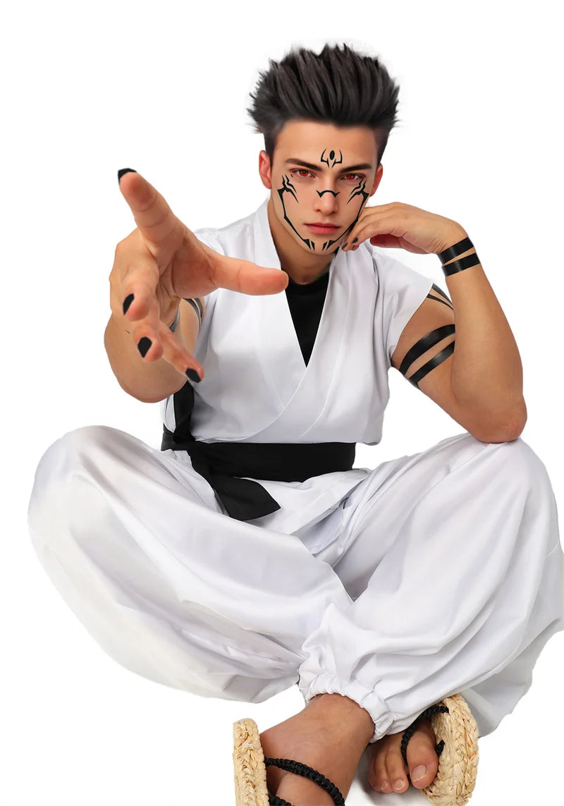 DAZCOS Ryomen Sukuna Costume White Kung Fu Suit with Tattoo Stickers Ryomen Sukuna as Megumi Showdown Cosplay Costume Full Set