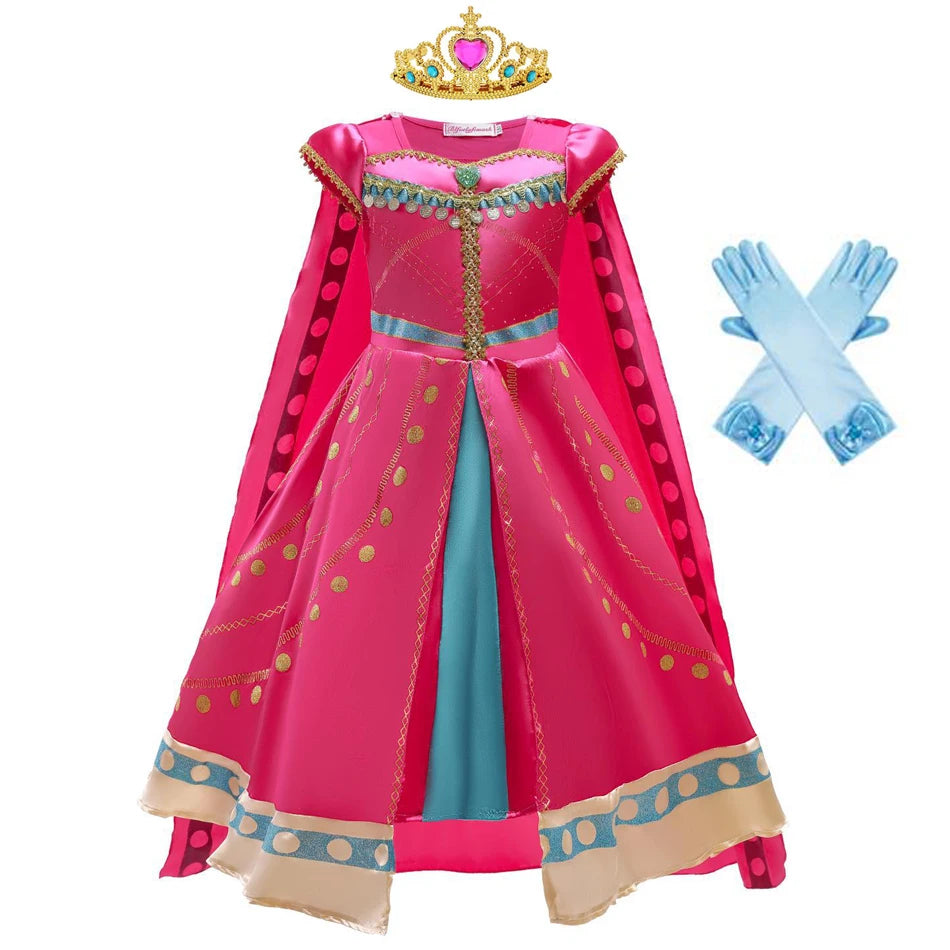 Jasmine Costume for Girls Arabian Dress for Kids Aladdin Cosplay Christmas Halloween Party with Gloves Crown Wand Accessories