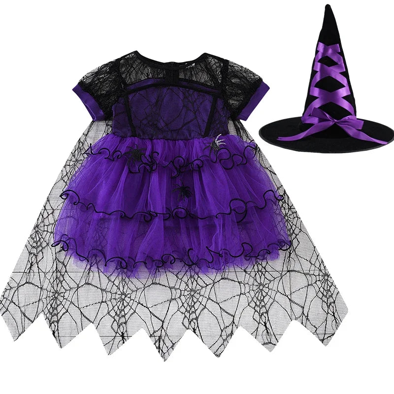 Halloween Girl With Cloak Witch Cosplay Party Dress Toddler Short Sleeve Spider Pattern Lace Tutu Knee Mesh Costume Dresses 1-5Y