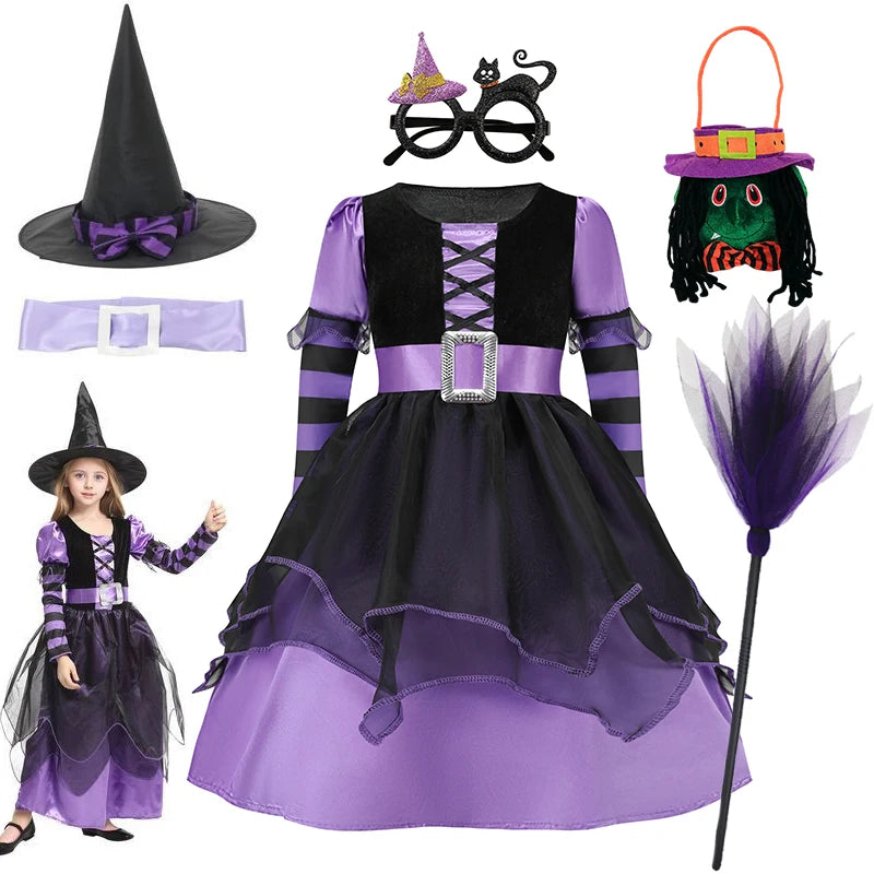 Girls' Halloween Witch Costume Purple Mesh Dress with Hat & Broom Kids Cosplay Gown for Carnival Magic Villain Role-Play