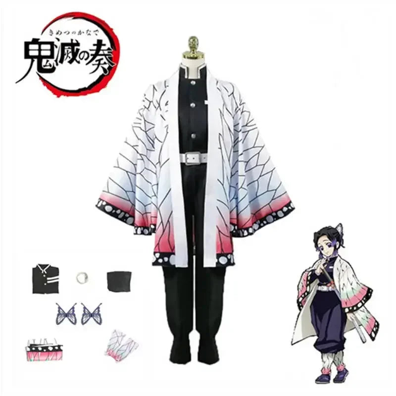 Anime Demon Slayer Kimetsu   Kochou Shinobu Cosplay Kostuum Pruik Set Kimono Uniform Halloween Anime Kostuums Voor Volwassen Kid