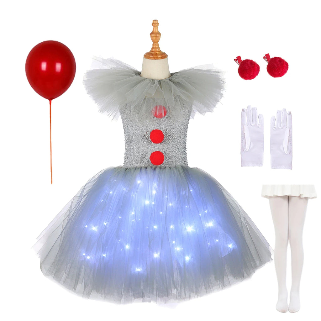 Gray Joker Girls Halloween LED Light Up Costume Tutu Dress Creepy Clown Kids Tulle Dress Carnival Party Cosplay Clothing 2-12Y