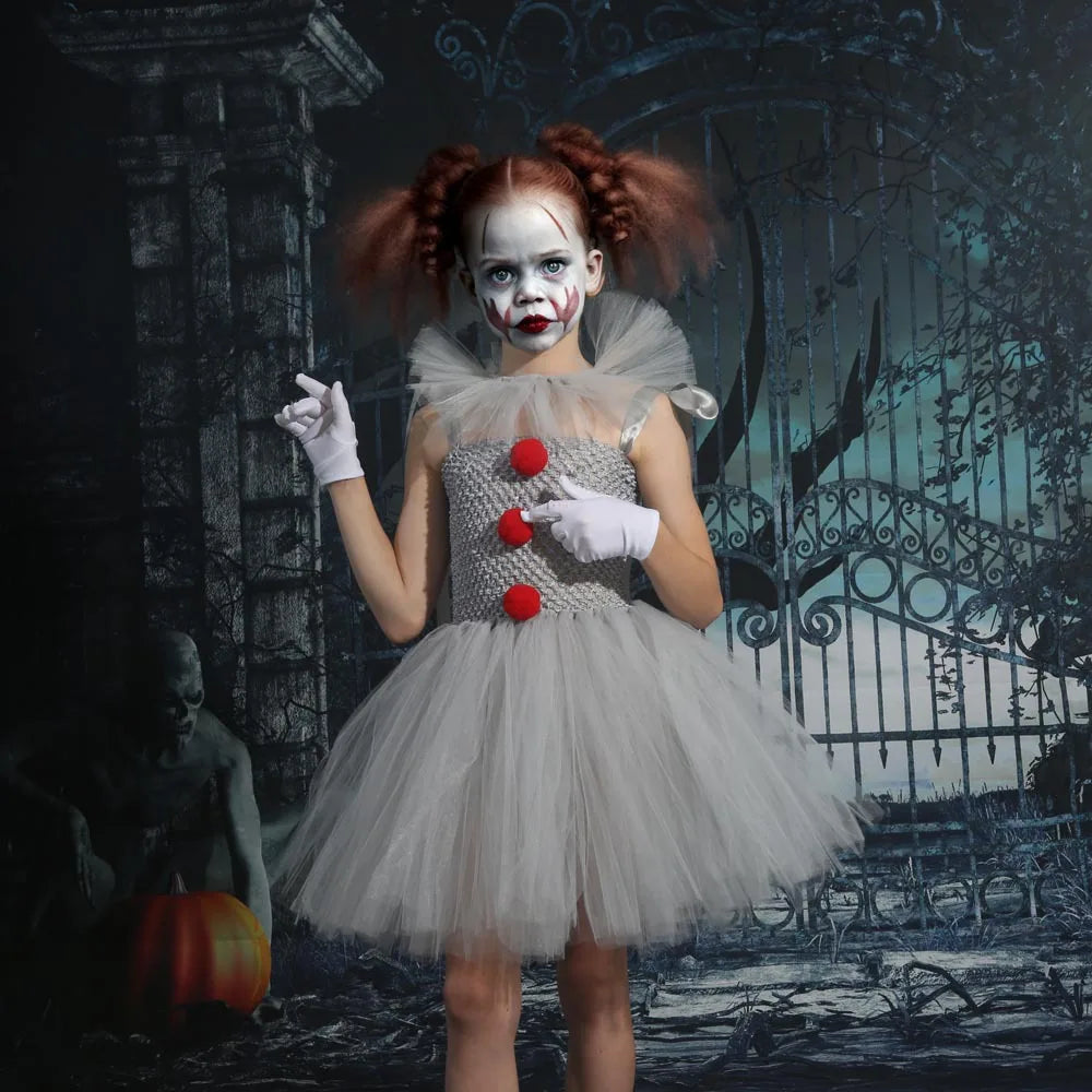 Clown Tutu Dress Girls Kids Joker Cosplay Costume with Hair Pin Gloves Halloween Apparel Pennywise Inspired Horrible Creature It