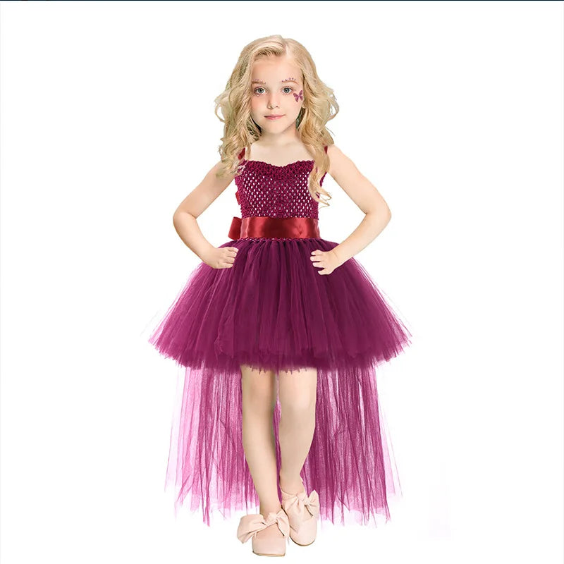 Halloween Witch Princess Dress Birthday Party Cosplay Angel Jumpsuit Children Mesh Tutu Pink Lace Sling vampire Costume for Girl