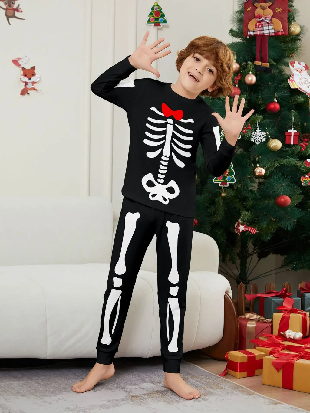 Happy Halloween Family Matching Outfits Skeleton Print Parent-child 2 Pieces Suit Sleepwear Soft Loose Pajamas Set Holiday Wear