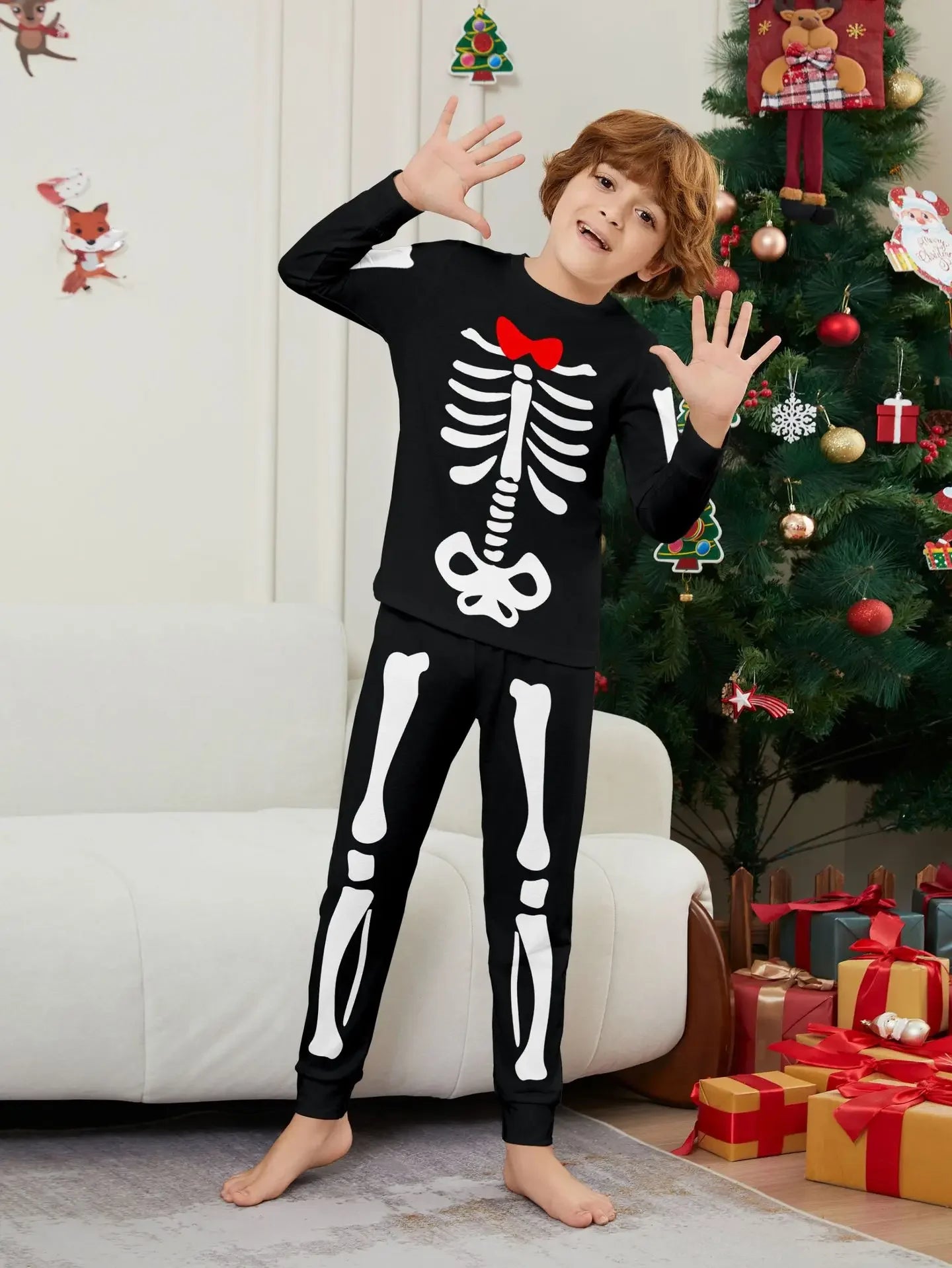Happy Halloween Family Matching Outfits Skeleton Print Parent-child 2 Pieces Suit Sleepwear Soft Loose Pajamas Set Holiday Wear