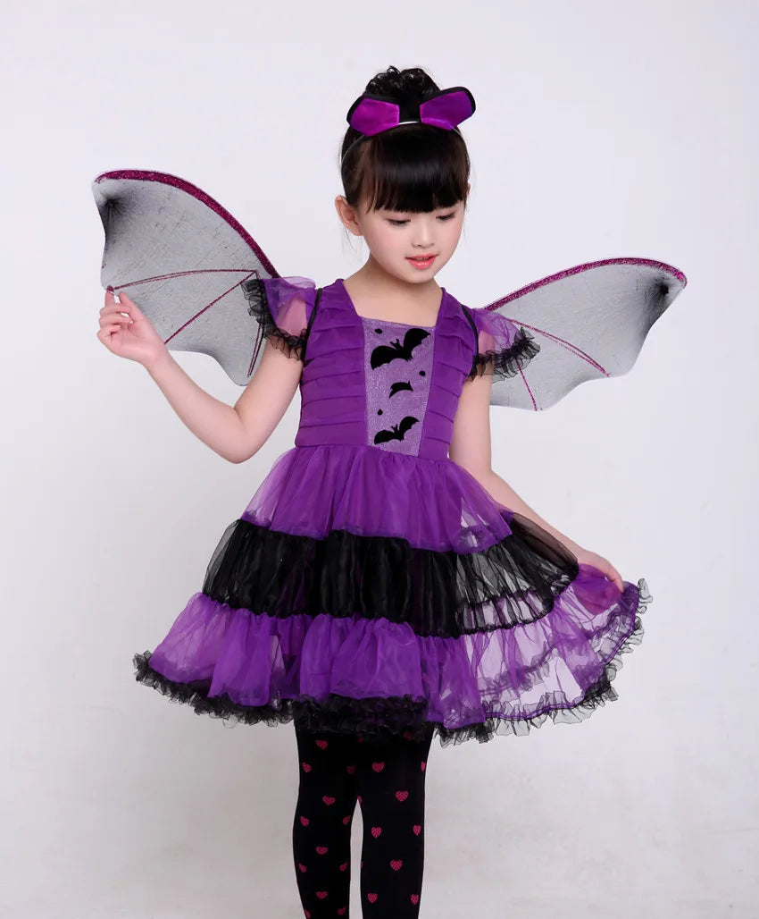 Halloween Girls Purple Bat Dress Kids Fancy Cosplay Vampire Demon Costume With Wing Headwear Carnival Witch Role Playing Clothes