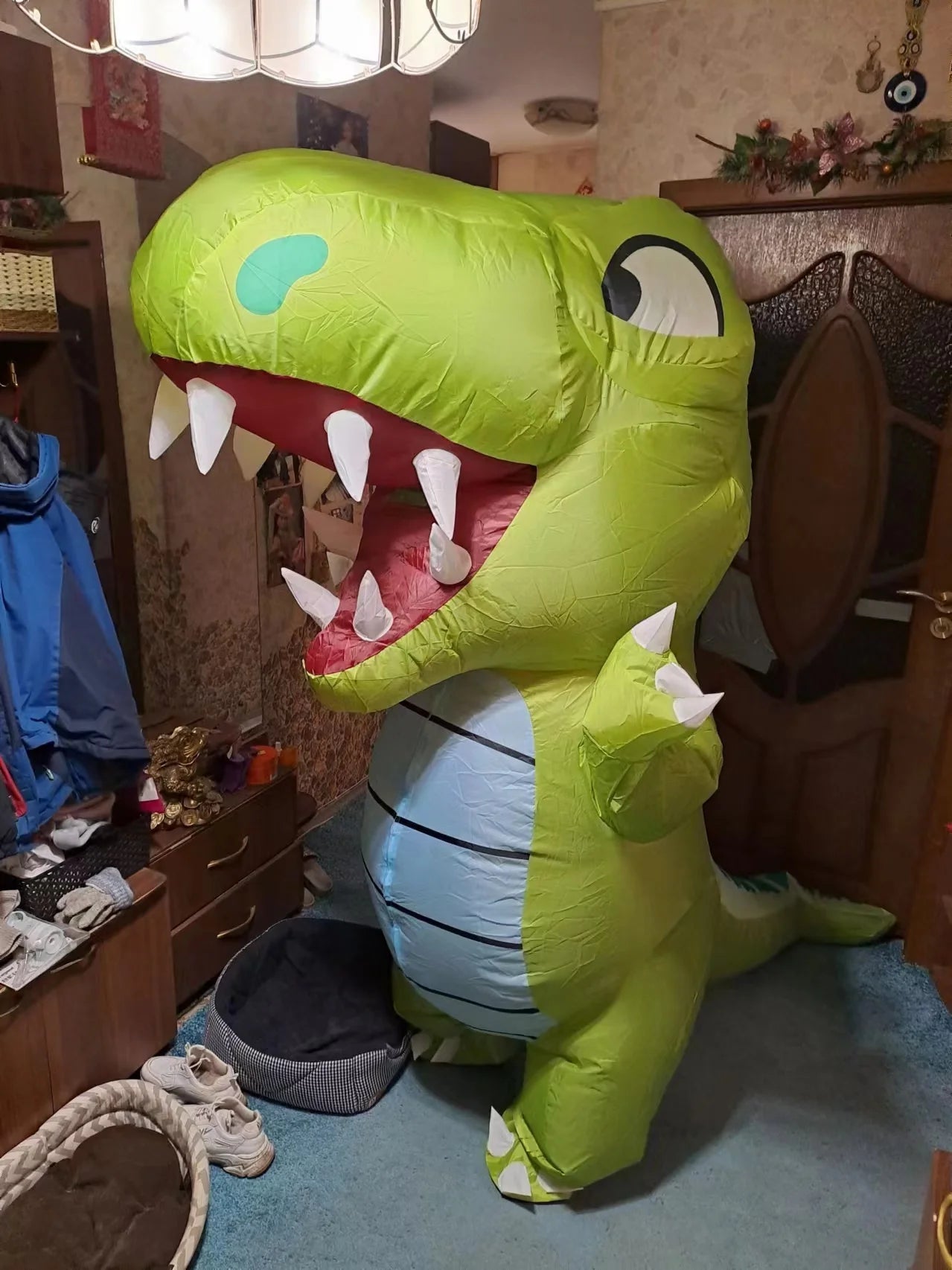 Funny Cartoon Big Mouth Inflatable Green Dinosaur Cosplay Costume Adult Halloween Carnival Party