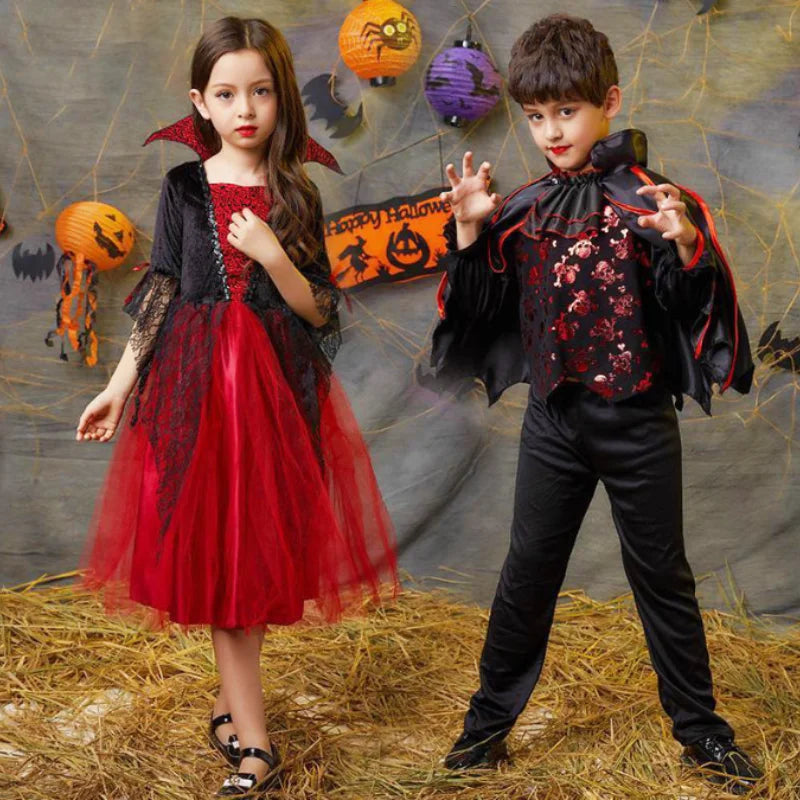 Girl Vampire Halloween Dress For Kid Ghost Bride Gothic Cosplay Vampire Costume Count Vampiran Carnival Outfit Black Red Clothes