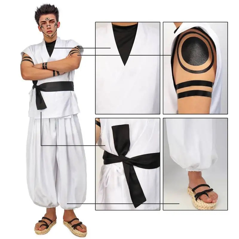 DAZCOS Ryomen Sukuna Costume White Kung Fu Suit with Tattoo Stickers Ryomen Sukuna as Megumi Showdown Cosplay Costume Full Set