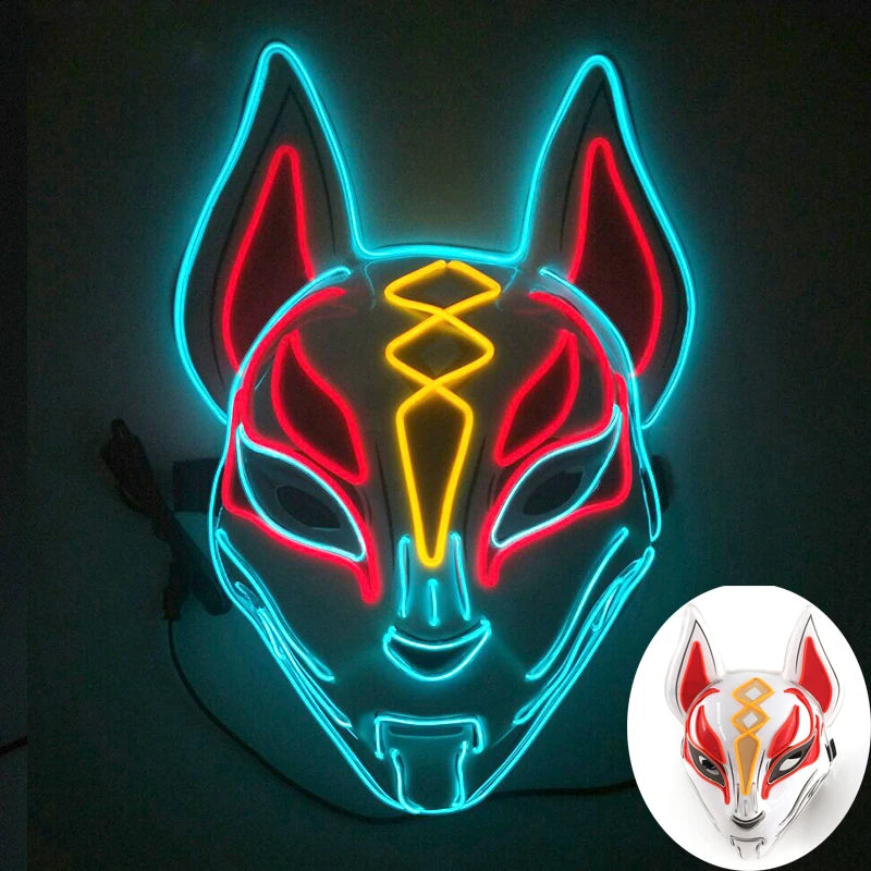 Light Up Japanese Oni Devil Mask LED Luminous Prajna Horror Mask Full Face Halloween Bar Party Props Neon Glowing Demon Mask