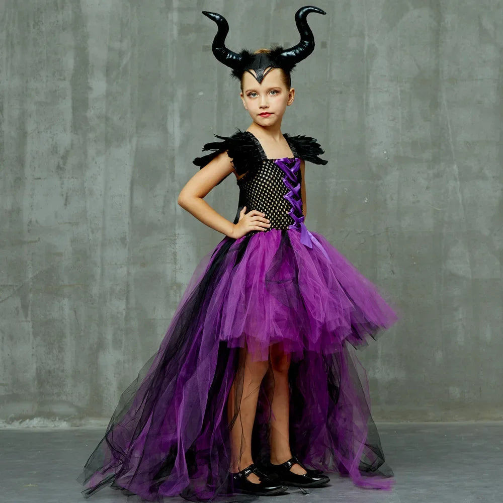 Maleficent Halloween For Children Costume Tulle Purple Black Dress Girls Cosplay Vestidos Party Evil Queen Mesh Princess Dresses