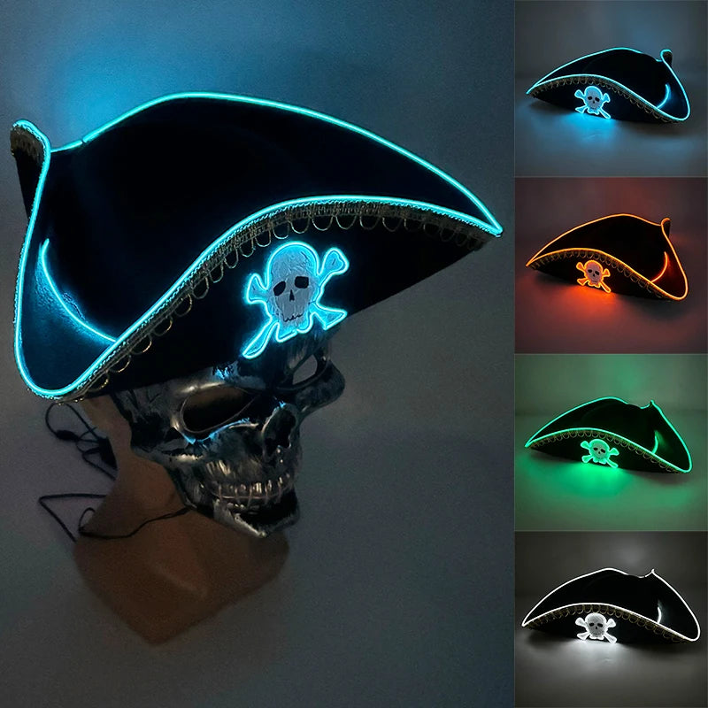 Newstyle Led Captain Hat Halloween Masquerade Pirate Theme Party Cosplay Captain Costumes Accessories Light Up Skull Pattern Hat