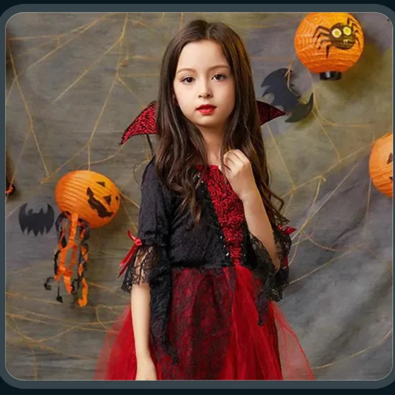 Girl Vampire Halloween Dress For Kid Ghost Bride Gothic Cosplay Vampire Costume Count Vampiran Carnival Outfit Black Red Clothes