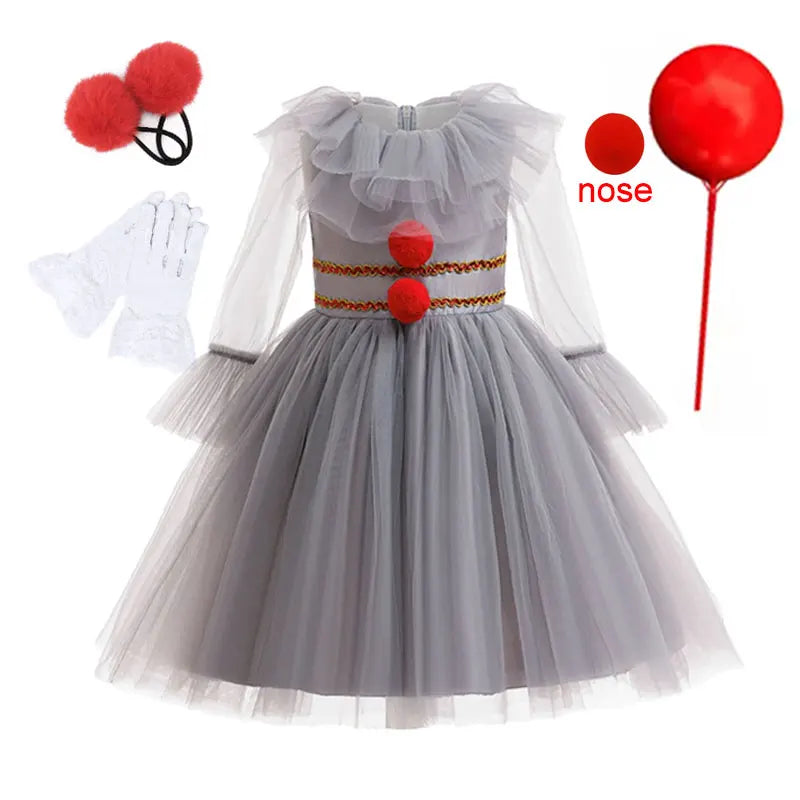 Girls New Gray Joker Dress for Kids 2025 Halloween Carnival Cosplay Creepy Clown Costume Children Dress Up Party Clothes