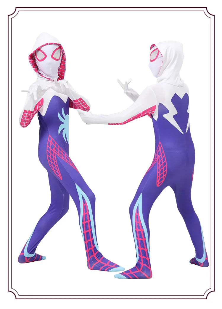 Girls Gwen Ghost Spider Costume Bodysuit Halloween Cosplay Hooded Holiday Party Costumes Fantasy Sexy Dress Up Hoodies Swimsuit