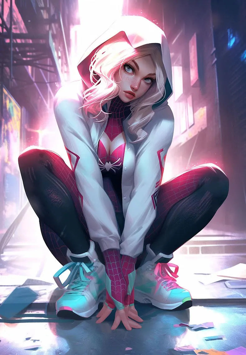 Girls Gwen Ghost Spider Costume Bodysuit Halloween Cosplay Hooded Holiday Party Costumes Fantasy Sexy Dress Up Hoodies Swimsuit