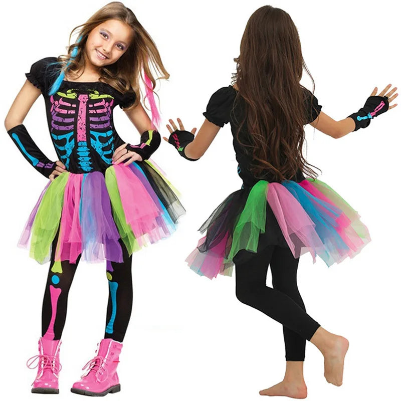 Halloween Rainbow Skeleton Girl Dress Colorful Skull Boy Costume Toddler Funky Punky Bone Cosplay Outfit Carnival Fancy Clothing