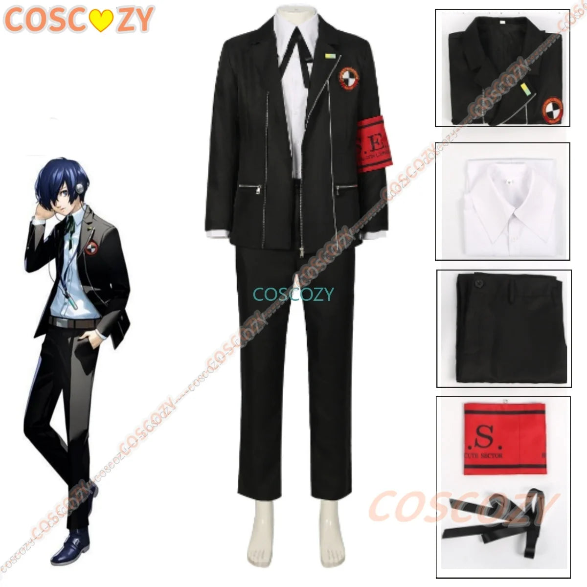 New Game P3 Makoto Yuki Cosplay Costume Wig Gekkoukan High School Uniform Embroidery Black Suit Pants Shirt Daily Wearing Gifts
