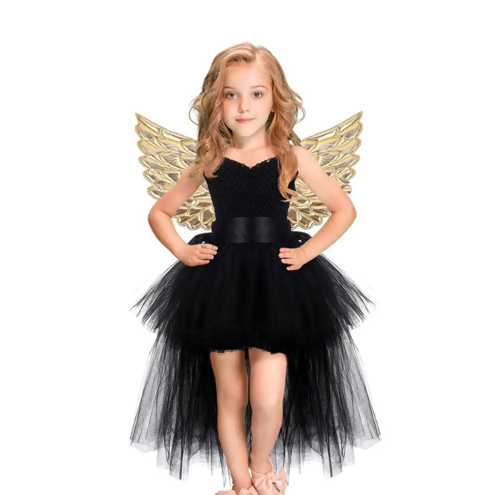 Halloween Witch Princess Dress Birthday Party Cosplay Angel Jumpsuit Children Mesh Tutu Pink Lace Sling vampire Costume for Girl