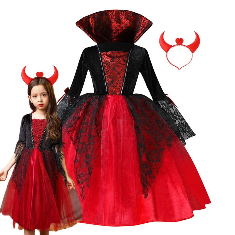 Girls Purple Bat Dress Kids Fancy Cosplay Vampire Demon Costume With Wing Headwear Halloween Carnival Witch Role Play Clothes