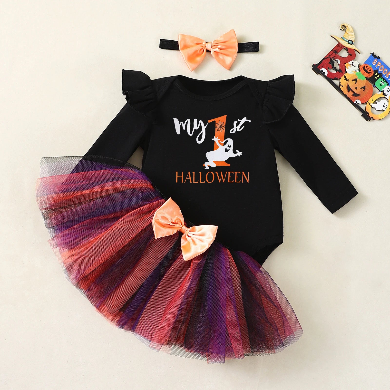 My First Halloween Baby Girl Costume Long Sleeves Ghost Bodysuit Tutu Skirt Bow Headband 0-3 Moths Infant Girl Halloween Clothes