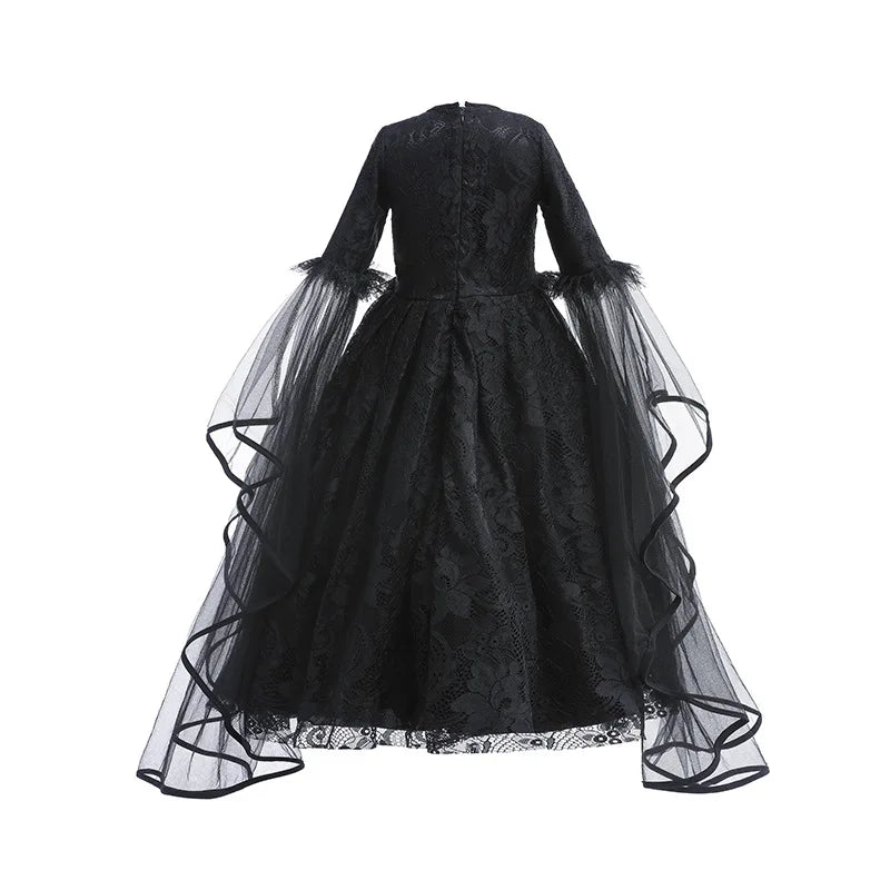 Girl Maleficent Dress Halloween Kid Witch Costume Long Sleeve Black Lace Gown Evil Role Playing Costume Carnival Cosplay Outfits