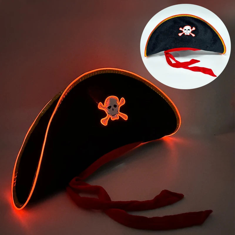 Newstyle Led Captain Hat Halloween Masquerade Pirate Theme Party Cosplay Captain Costumes Accessories Light Up Skull Pattern Hat
